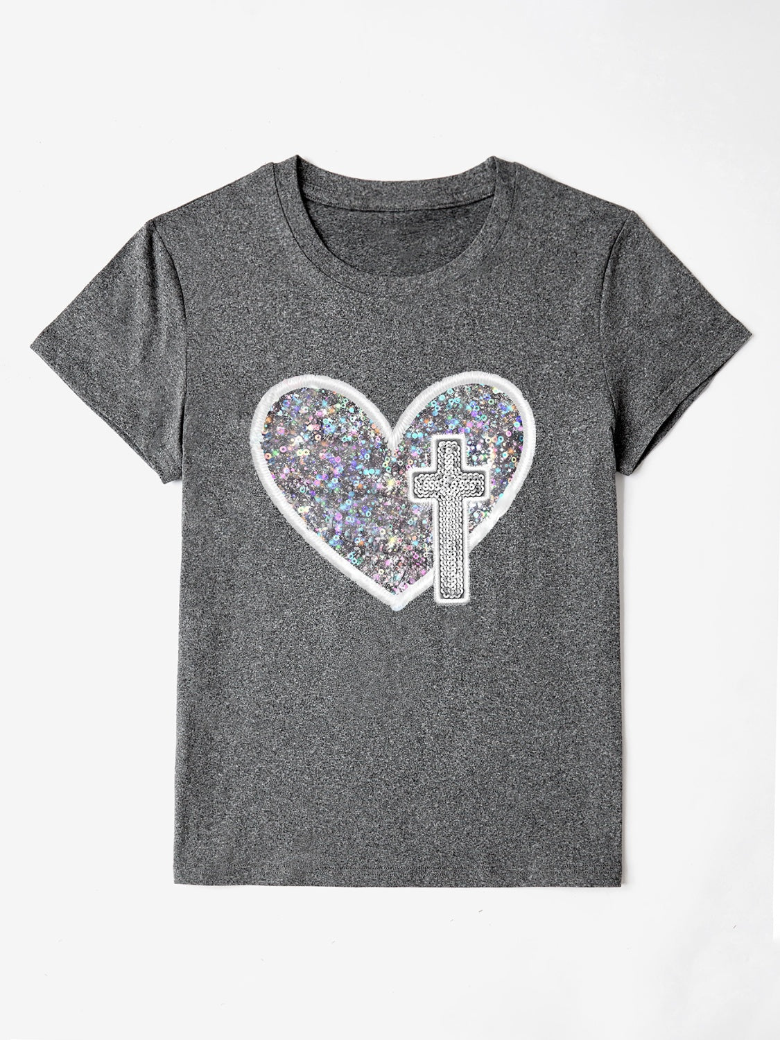 Sequin Heart Round Neck Short Sleeve T-Shirt - T - 7 COLORS -