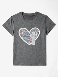 Thumbnail for Sequin Heart Round Neck Short Sleeve T-Shirt - T - 7 COLORS -