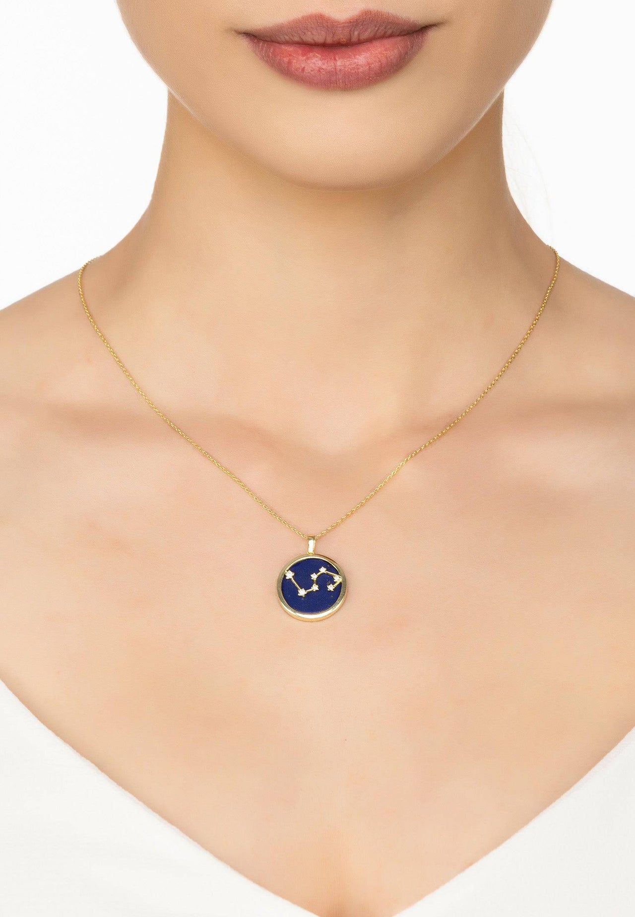 Zodiac Lapis Lazuli Gemstone Star Constellation Pendant Necklace Gold Leo -