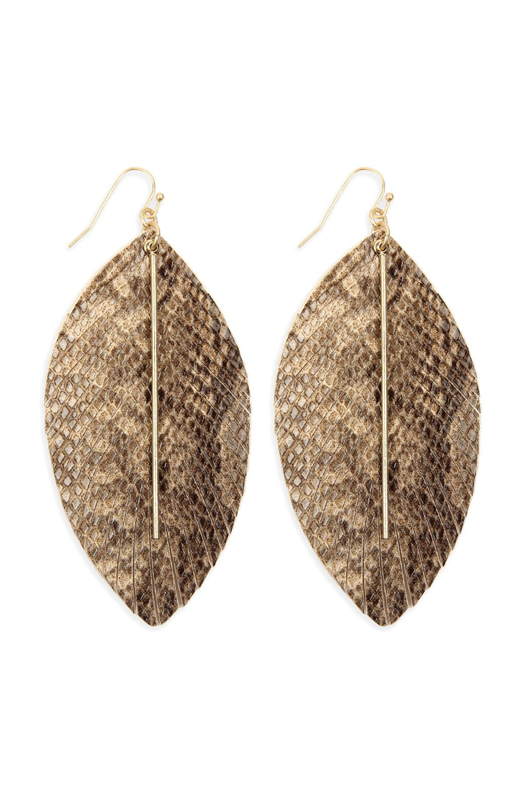 Leather Feather Snakeskin Fish Hook Bar Earrings - 5 COLORS -