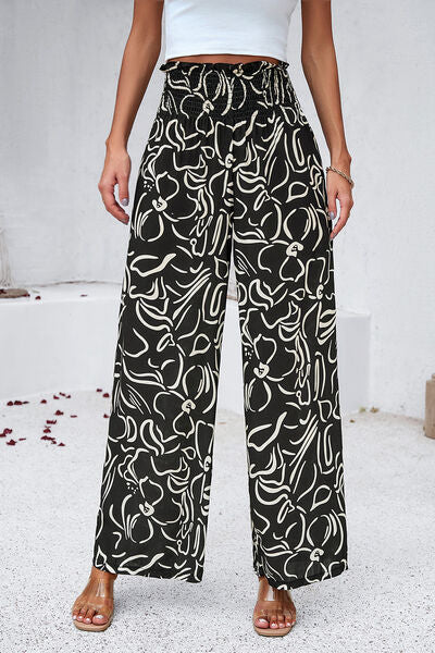 Smocked Printed Wide Leg %100 Viscose Pants with Pockets - T - 4 COLORS -