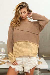 Thumbnail for BiBi Texture Detail Contrast Drop Shoulder Sweater - T - 1 COLOR -