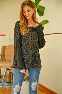 Thumbnail for Riah Fashion - Hacci Brushed Contrast Sleeves Boat Neck Leopard Top - 2 COLORS -