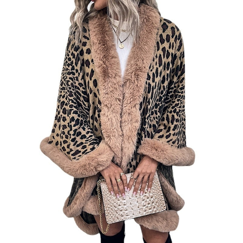 Sharon Tatem - Thick Warm Poncho Faux Fur Collar Cape Coat - Vintage Faux Leopard Sweater Cardigan - Batwing Sleeve Shawl -