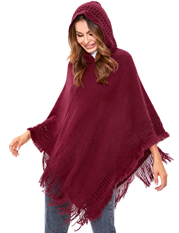 Women's Print or Plain Fringe Hooded Knit Cape Shawl - K - 2 Print patterns - 4 COLORS -