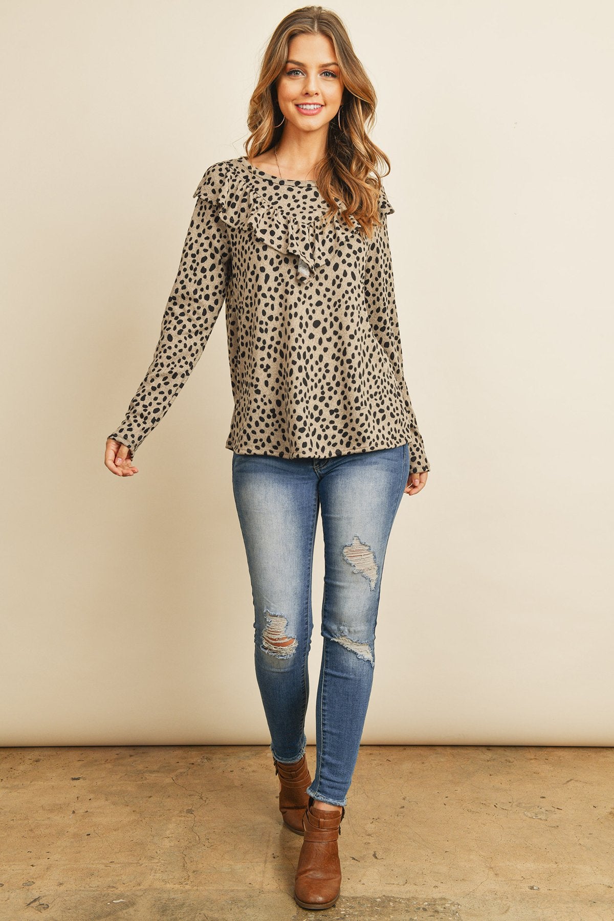 Riah Fashion - Brushed Hacci Leopard V-Shaped Ruffle Detail Top - 3 COLORS -