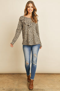 Thumbnail for Riah Fashion - Brushed Hacci Leopard V-Shaped Ruffle Detail Top - 3 COLORS -