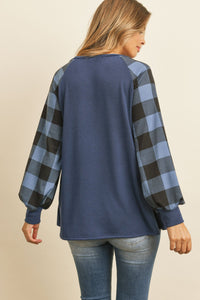 Thumbnail for Riah Fashion - Plaid Puff Sleeved Round Neck Top - 3 COLORS -