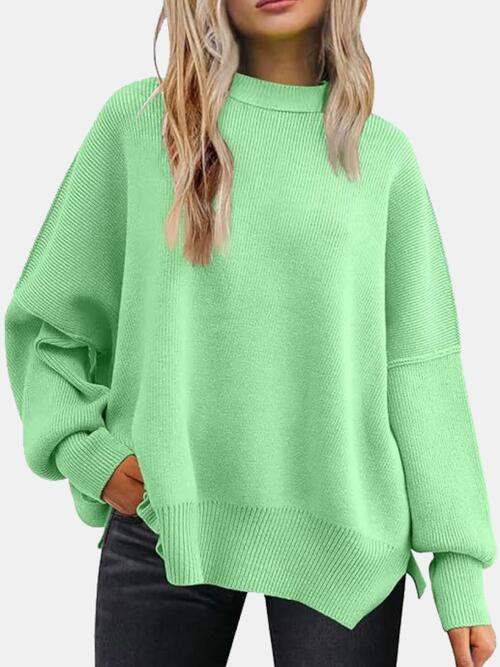 Round Neck Drop Shoulder Slit Sweater - T - 13 COLORS/STRIPES -