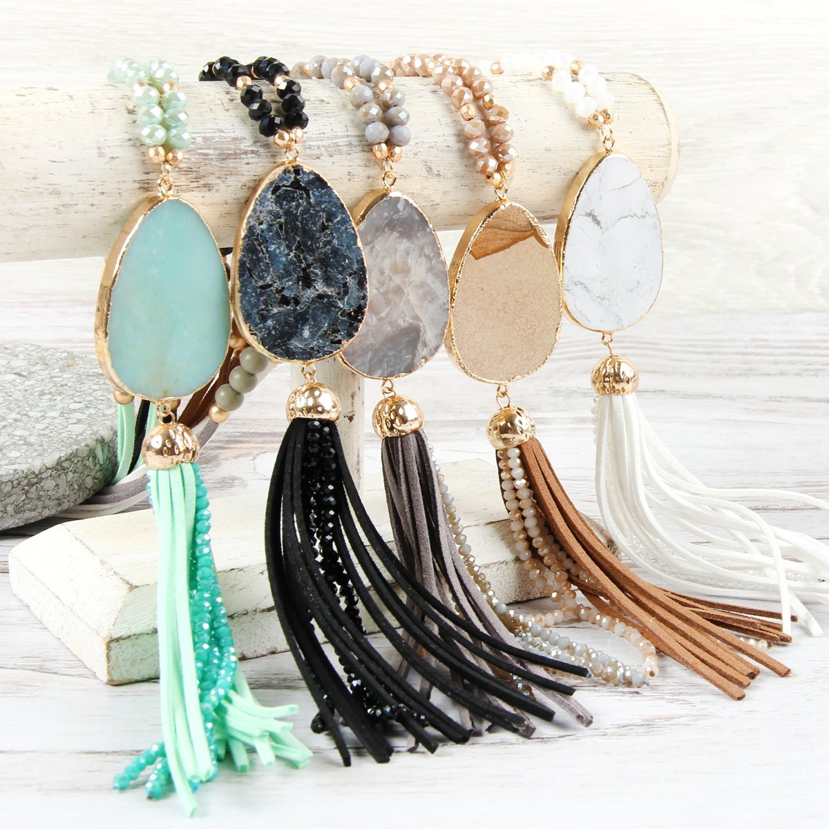 Natural Stone Tassel Pendant Necklace - 5 COLORS -