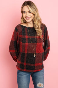 Thumbnail for Riah Fashion - Boat Neck Puff Sleeves Plaid Top - 3 COLORS -