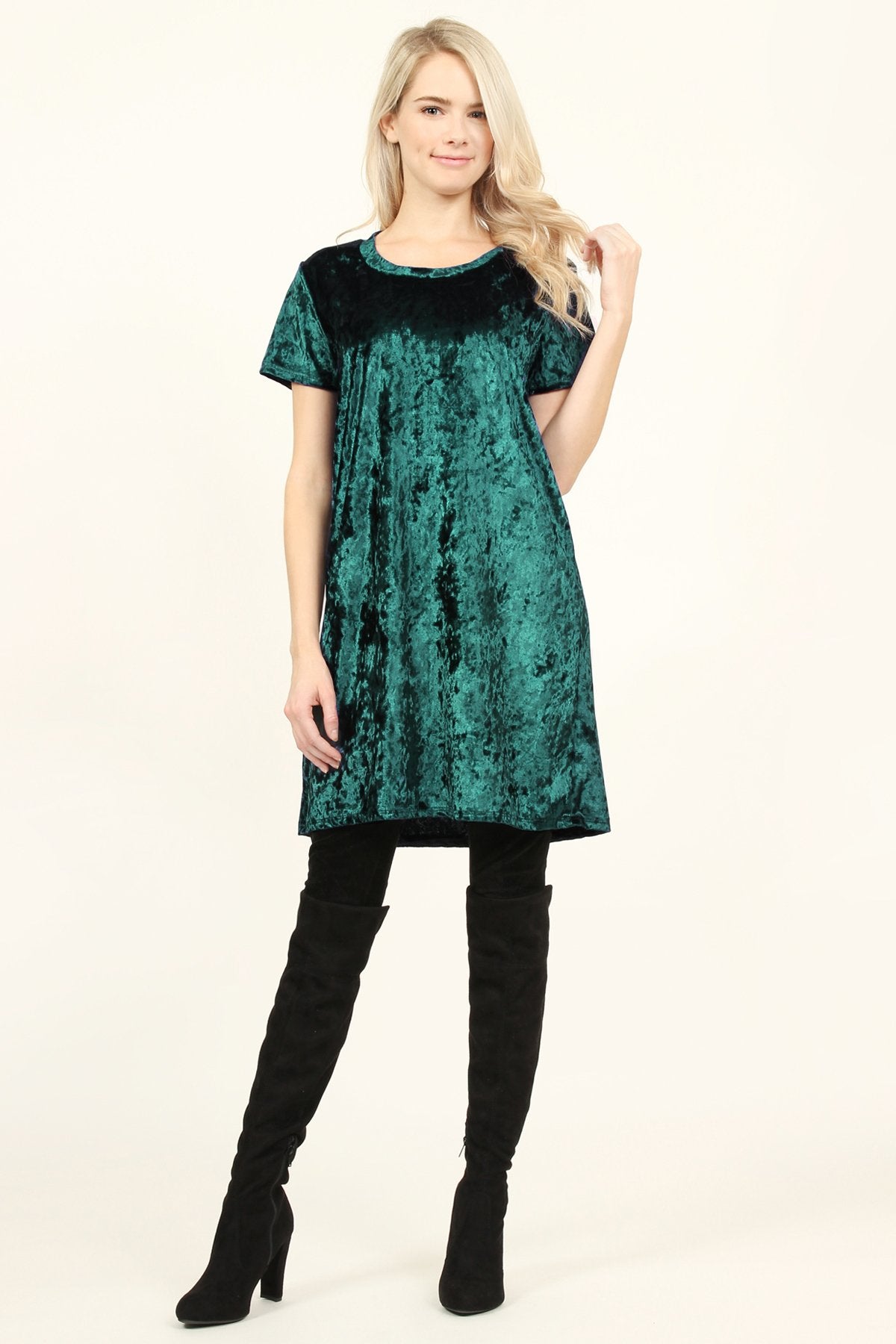 Riah Fashion - Short Sleeve Crushed Velvet Tunic Dress - 11 COLORS -