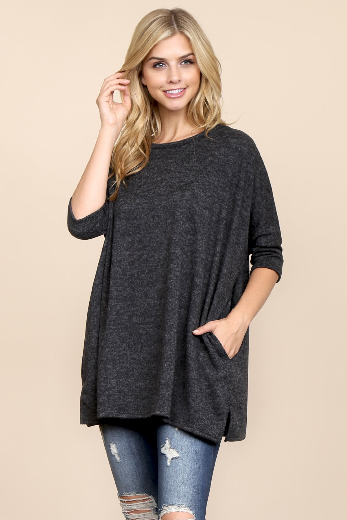 Riah Fashion - Two Tone Hacci Oversized Dropped Shoulder Pocket Tunic - 3 COLORS -