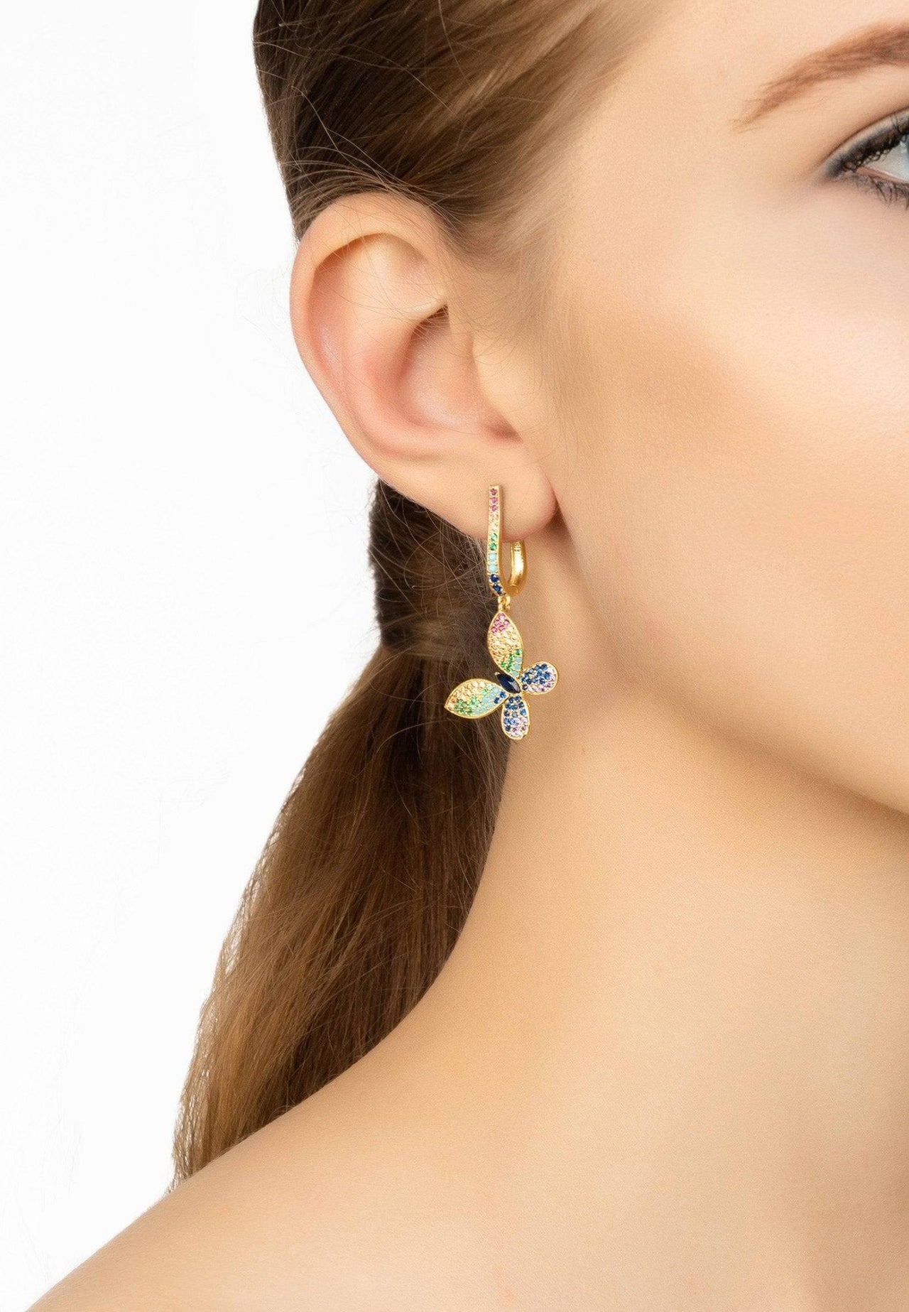 LATELITA - Butterfly Rainbow Multi Coloured Drop Earring Gold -