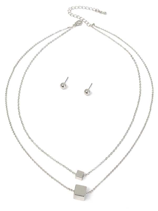 Cube Pendant Double Layer Necklace Set -