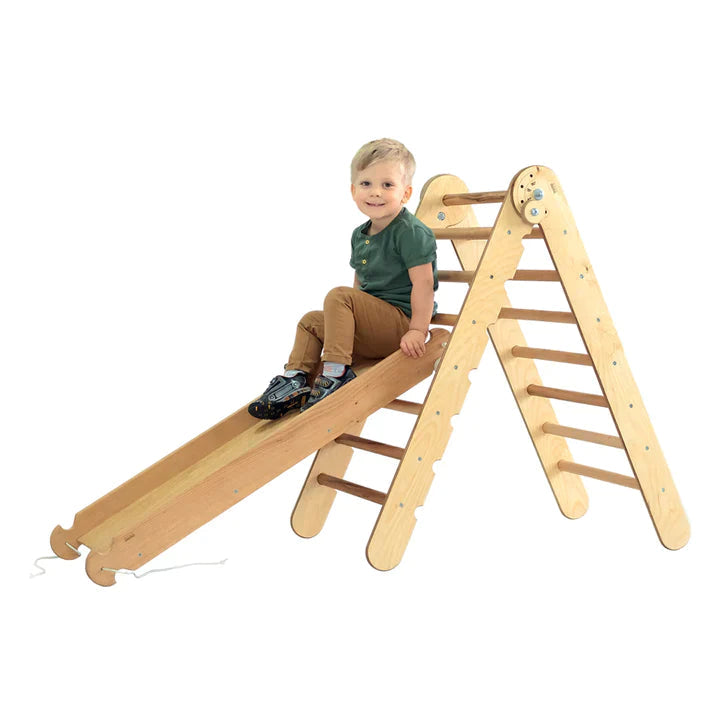 2in1 Montessori Climbing Frame Set: Triangle Ladder + Slide Board/Ramp – Chocolate