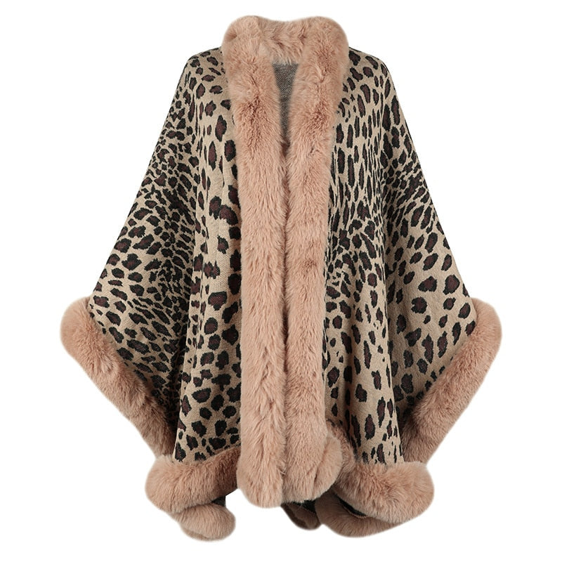 Sharon Tatem - Thick Warm Poncho Faux Fur Collar Cape Coat - Vintage Faux Leopard Sweater Cardigan - Batwing Sleeve Shawl -