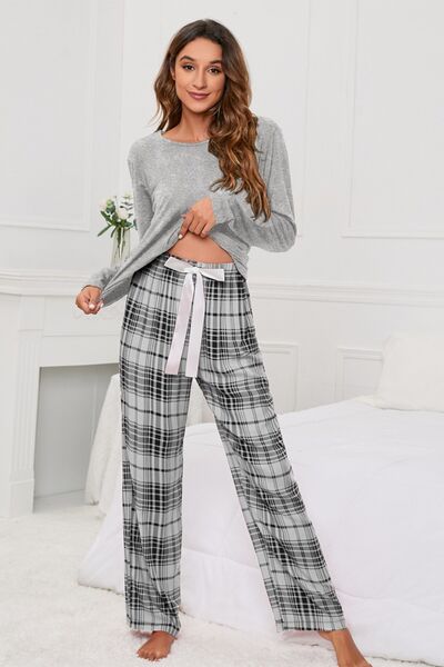 Round Neck Long Sleeve Top and Bow Plaid Pants Lounge Set - 2 PCS. - T - 3 COLORS -