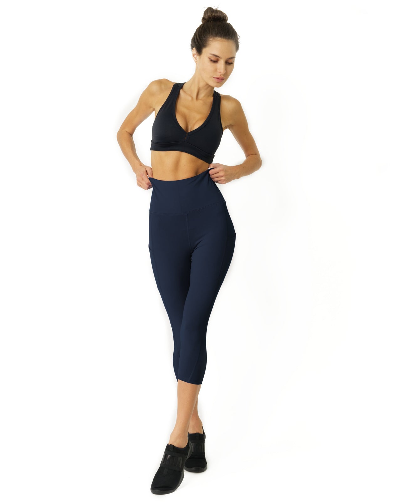 Savoy - High Waisted Yoga Capri Leggings - Navy Blue - 1 COLOR -