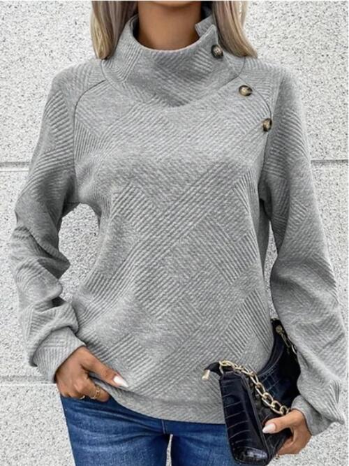 Buttoned Mock Neck Long Sleeve Sweatshirt - T - 3 COLORS -