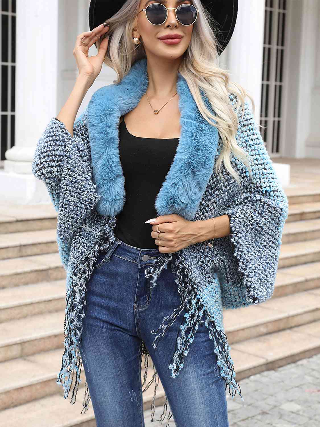 Color Block Open Front Fringe Hem Poncho - T - 1 COLOR -