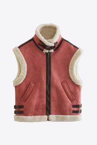 Thumbnail for Collared Zip-Up Suede Sherpa Vest - T - 3 COLORS -