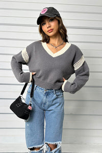 Thumbnail for Contrast Openwork Long Sleeve V-Neck Sweater - T - 1 COLOR -