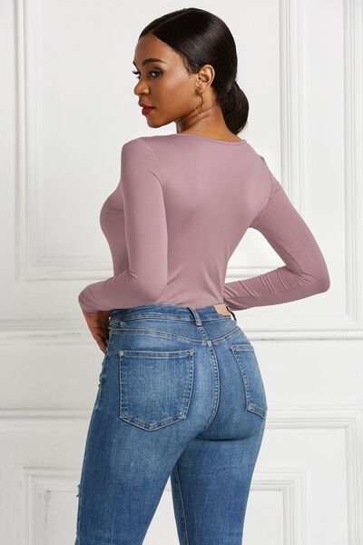 Half Zip Scoop Neck Long Sleeve Bodysuit - T - 10 COLORS -