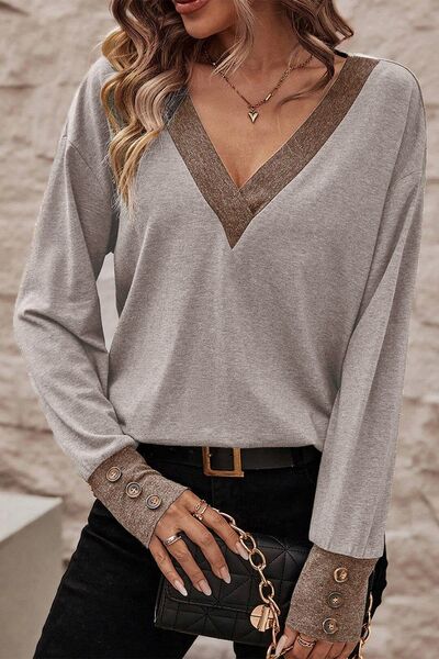 V-Neck Dropped Shoulder Blouse - T - 1 COLOR -