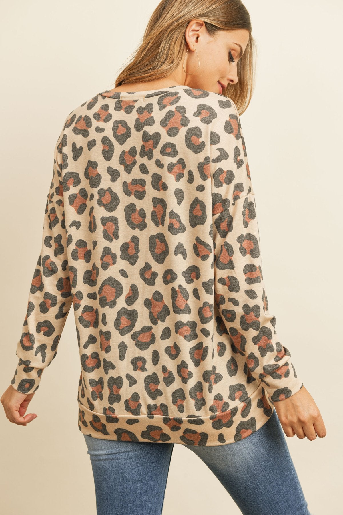 Riah Fashion - Kangaroo Pocket Long Sleeve Leopard Top - 2 COLORS -