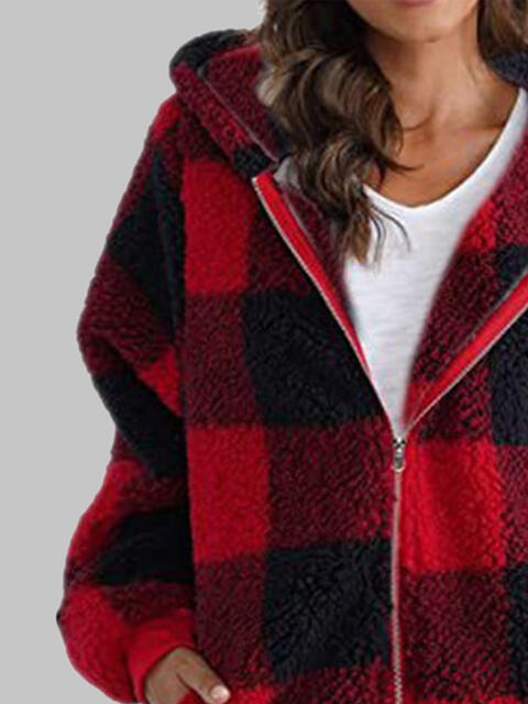 Plaid Zip-Up Hooded Jacket with Pockets - T - 7 COLORS -