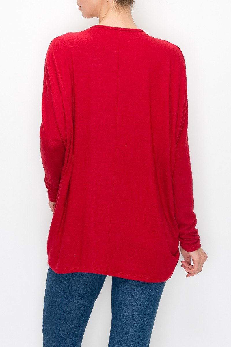 Stylespect - Cutout Front Long Sleeve Top - Red - 1 COLOR -