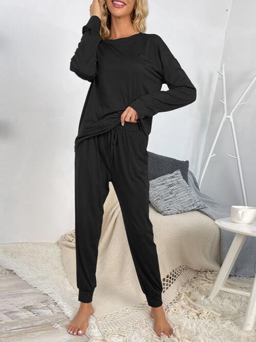 Round Neck Top and Drawstring Pants Lounge Set - 2 PCS. - T - 4 COLORS -