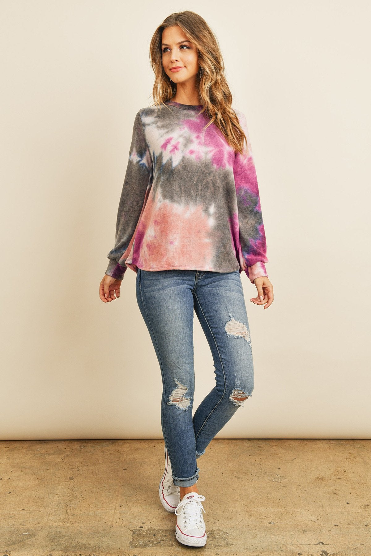 Riah Fashion - Long Sleeve Boat Neck Tie Dye Round Hem Top - 3 COLORS -