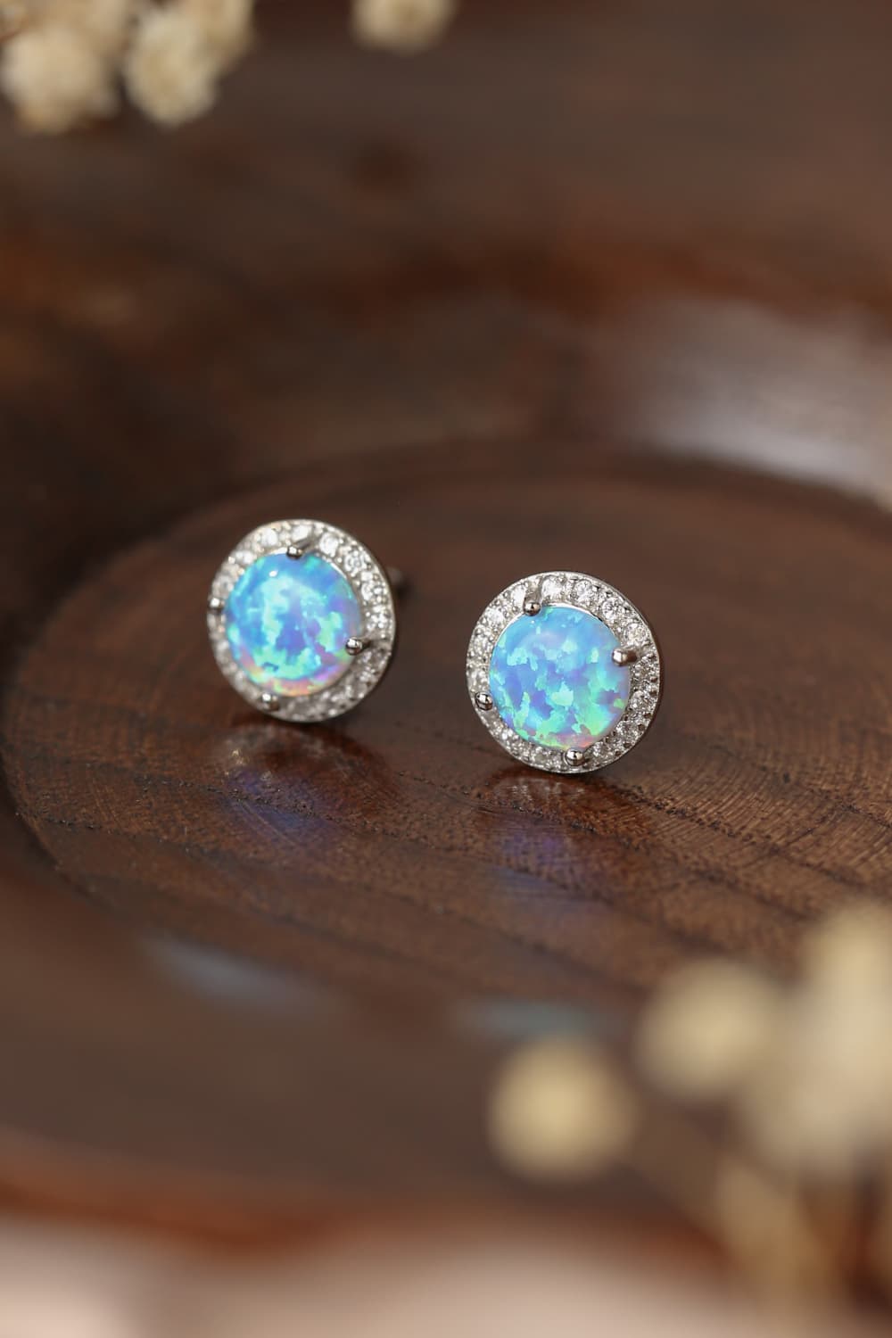 925 Sterling Silver Platinum-Plated Opal Round Stud Earrings - T - 2 COLORS -