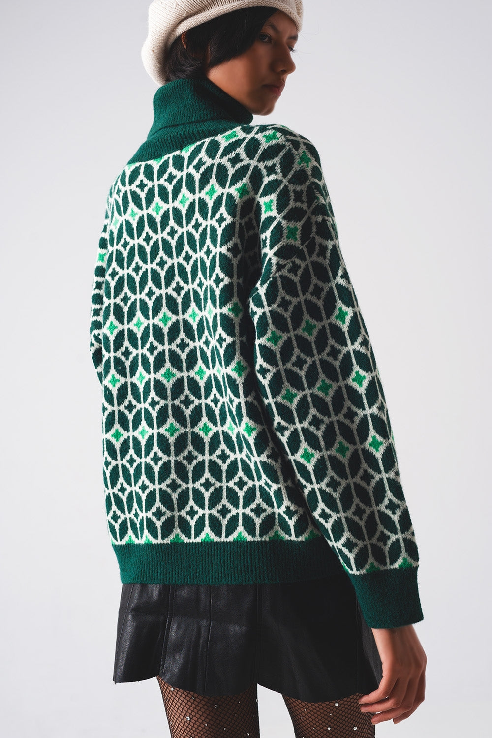 Q2 - High Neck Jumper in Geo Pattern in Green - 1 COLOR -