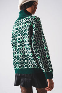 Thumbnail for Q2 - High Neck Jumper in Geo Pattern in Green - 1 COLOR -