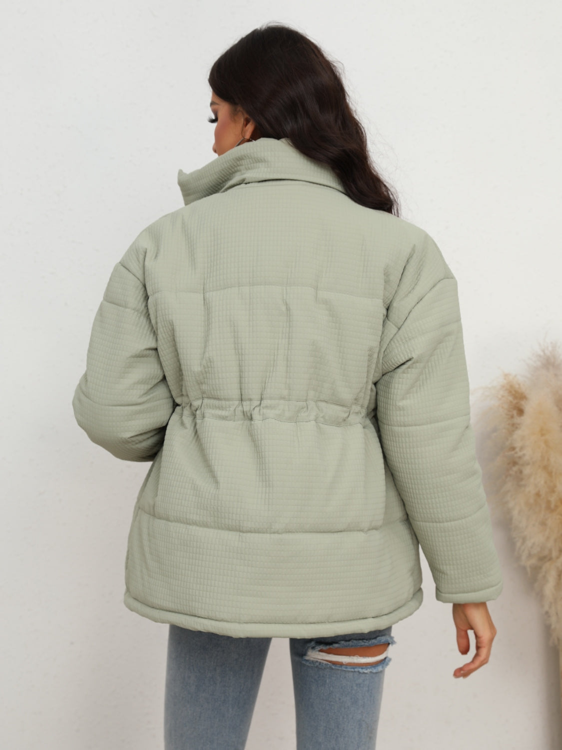 Drawstring Waist Zip-Up Puffer Jacket - T - 1 COLOR -