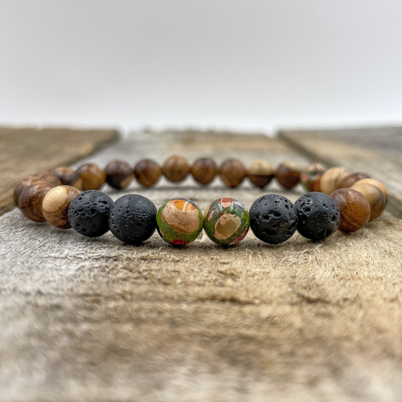 Central - Rainbow Jasper, Lava Rock, & Sandalwood Mala Beaded Bracelet -