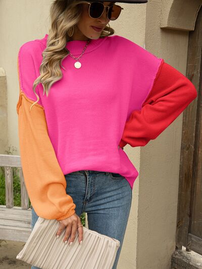 Color Block Dropped Shoulder Sweater - T - 3 COLORS -