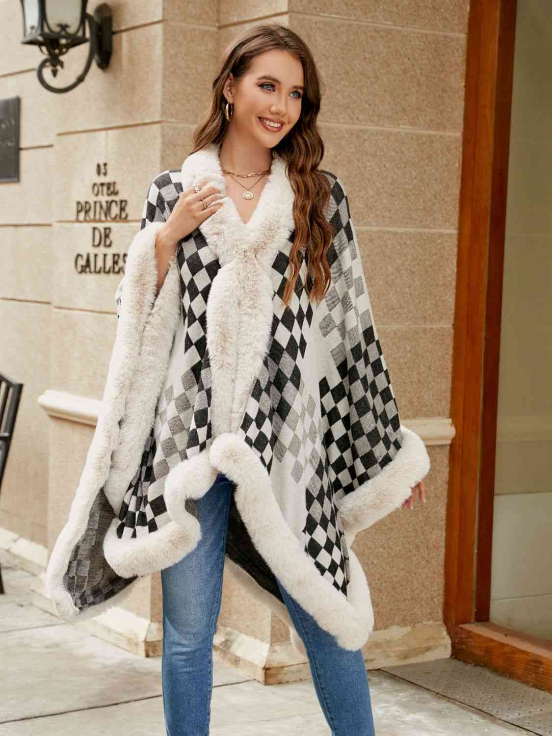 Checkered Faux Fur Trim Poncho - T - 5 COLORS -