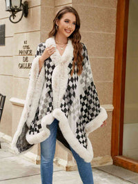 Thumbnail for Checkered Faux Fur Trim Poncho - T - 5 COLORS -