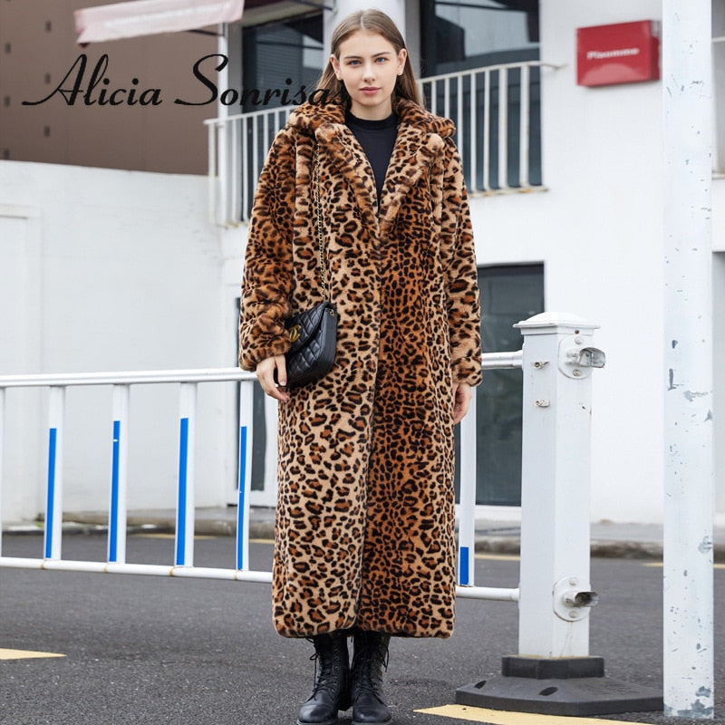 Sharon Tatem - Faux Fur - Leopard Print - Rabbit Tailored Collar - Warm Thick X-Long Coat Long Sleeve Jacket -