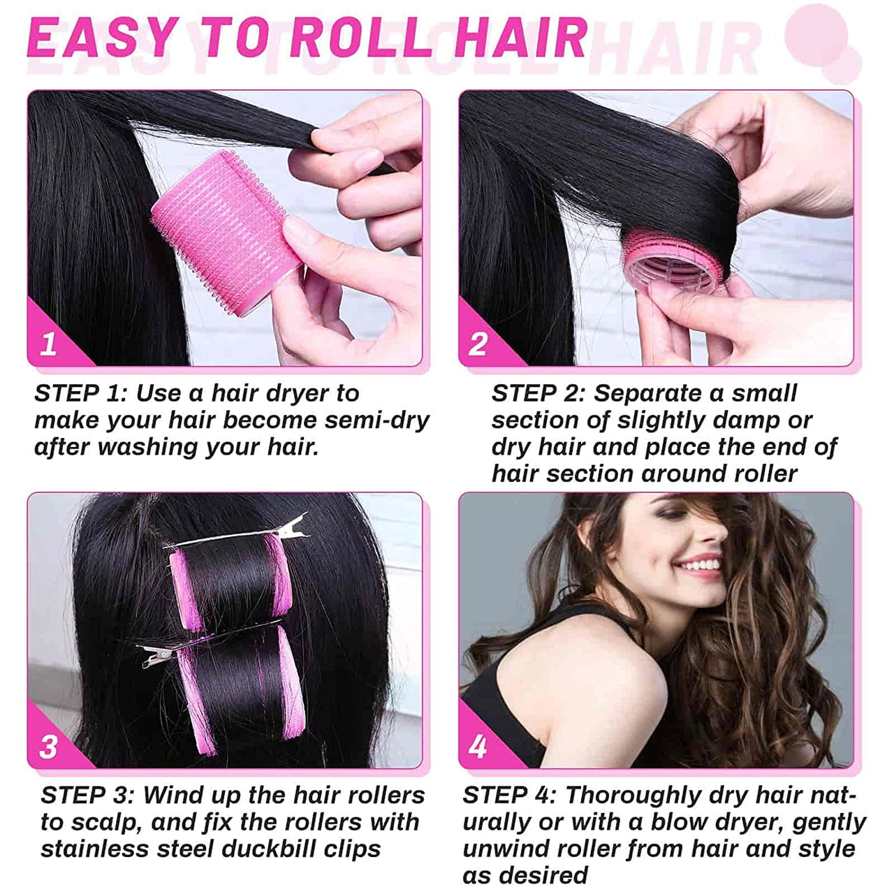 Savoy Active - Self Grip Hair Curler Roller 24 Piece Set (12 Large, 12 Small) - Pink -