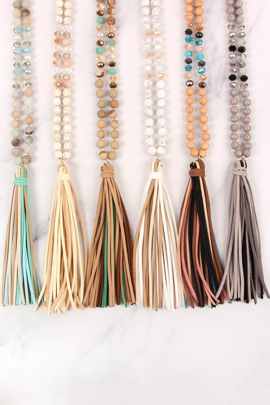 Riah Fashion - Colorful Natural Stone Glass Beads Leather Tassel Necklace - 7 COLORS -