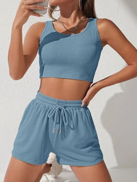 Thumbnail for Scoop Neck Wide Strap Top and Drawstring Shorts Set - 2 PCS. - T - 9 COLORS -