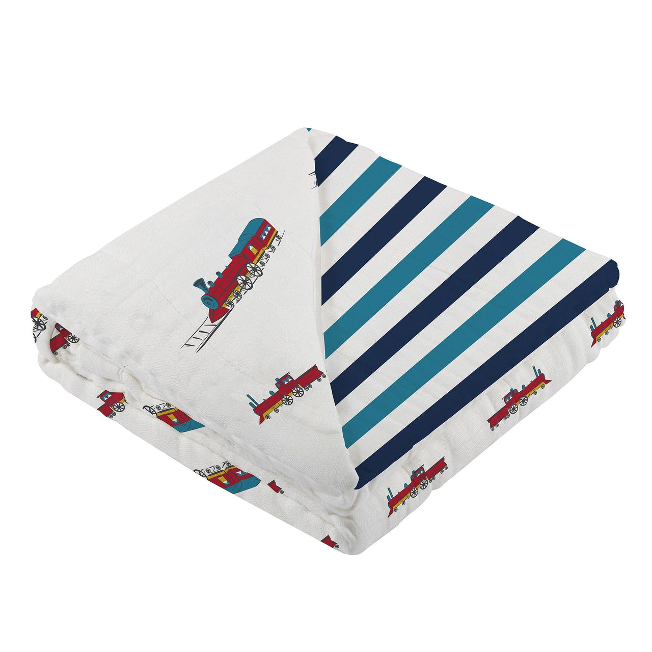 Vintage Steam Trains and Blue Stripe Bamboo Muslin Newcastle Blanket -