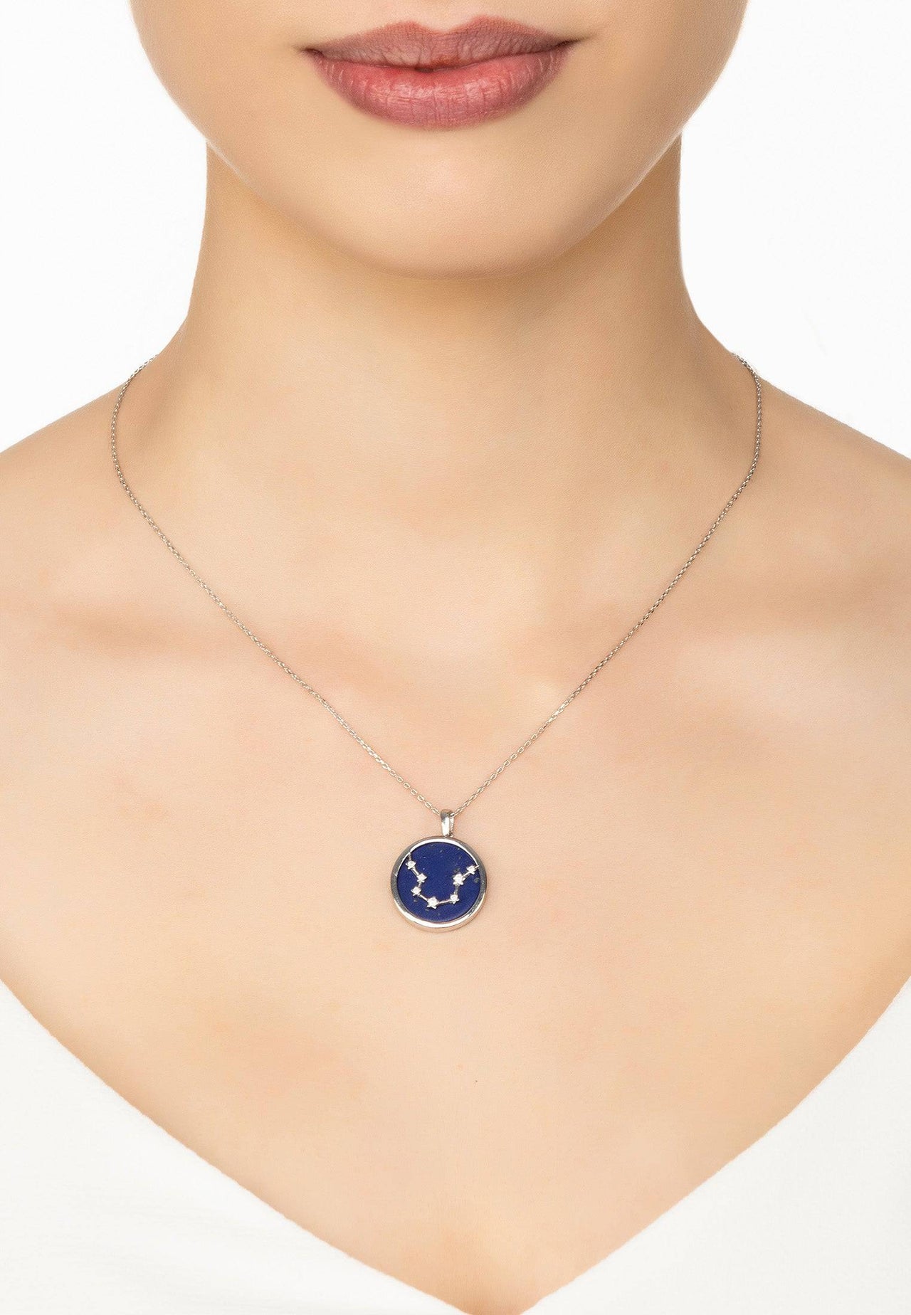 Zodiac Lapis Lazuli Gemstone Star Constellation Pendant Necklace Silver Aquarius -