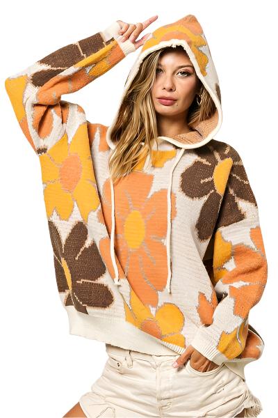 BiBi Flower Pattern Drawstring Hooded Sweater - T - 1 COLOR -