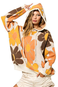 Thumbnail for BiBi Flower Pattern Drawstring Hooded Sweater - T - 1 COLOR -